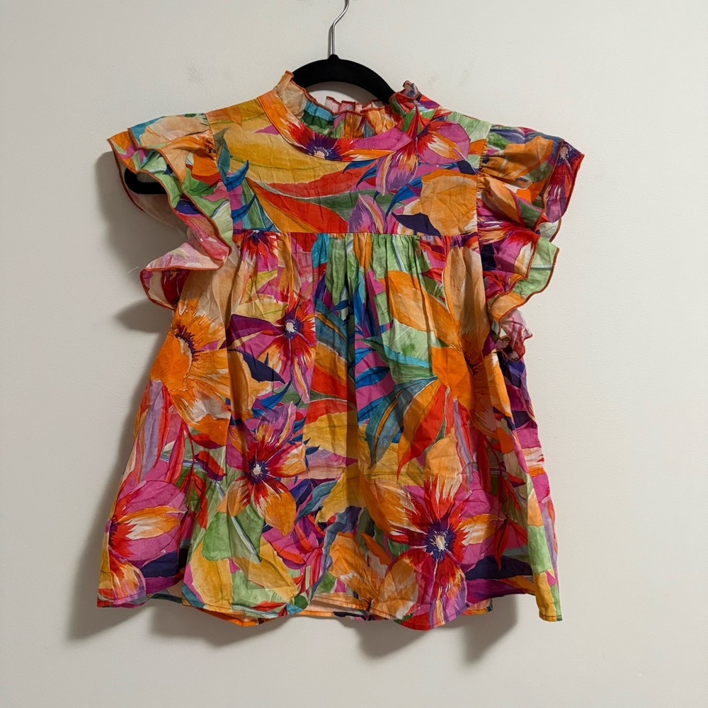 Lavender Brown Floral Cotton Ruffle Blouse Small